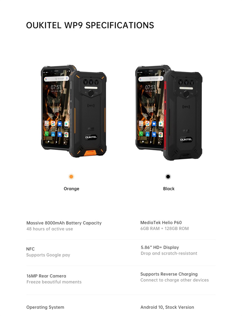 OUKITEL WP9 Helio P60 Octa Core Android 10 Smartphone robuste