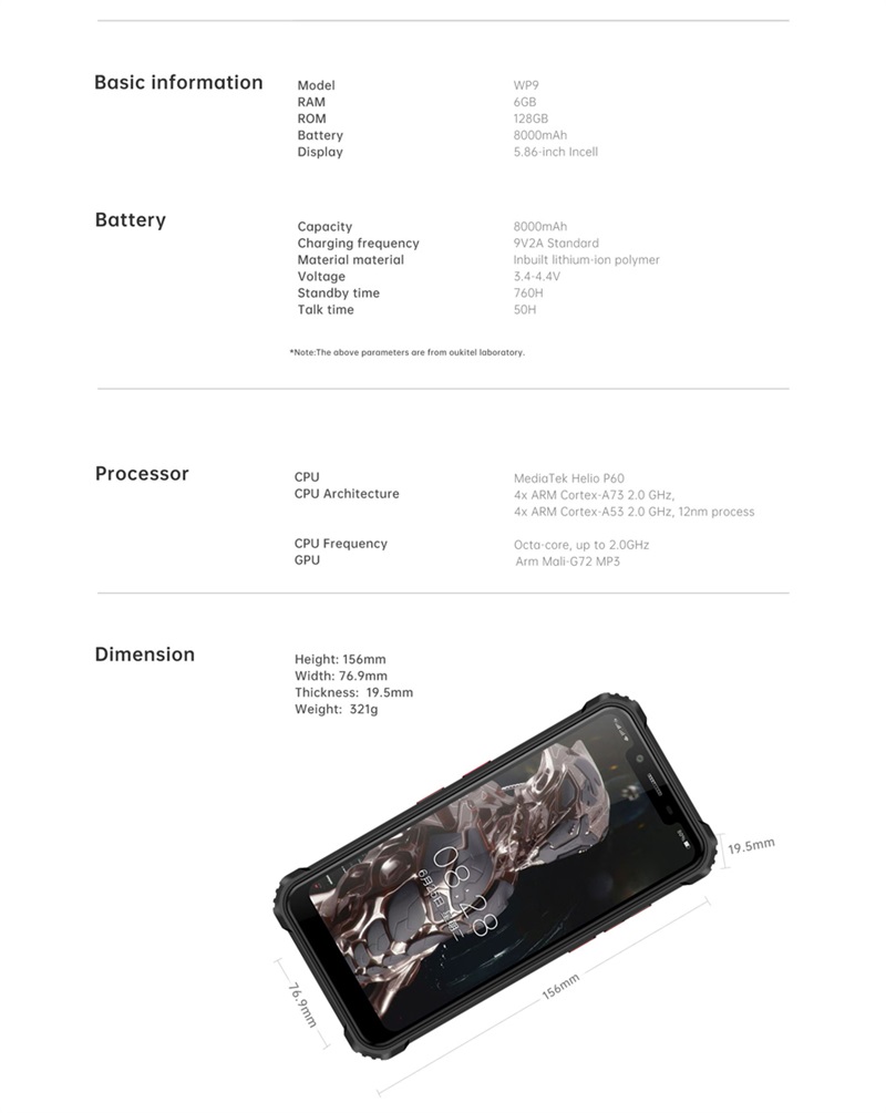 OUKITEL WP9 Helio P60 Octa Core Android 10 Smartphone robuste