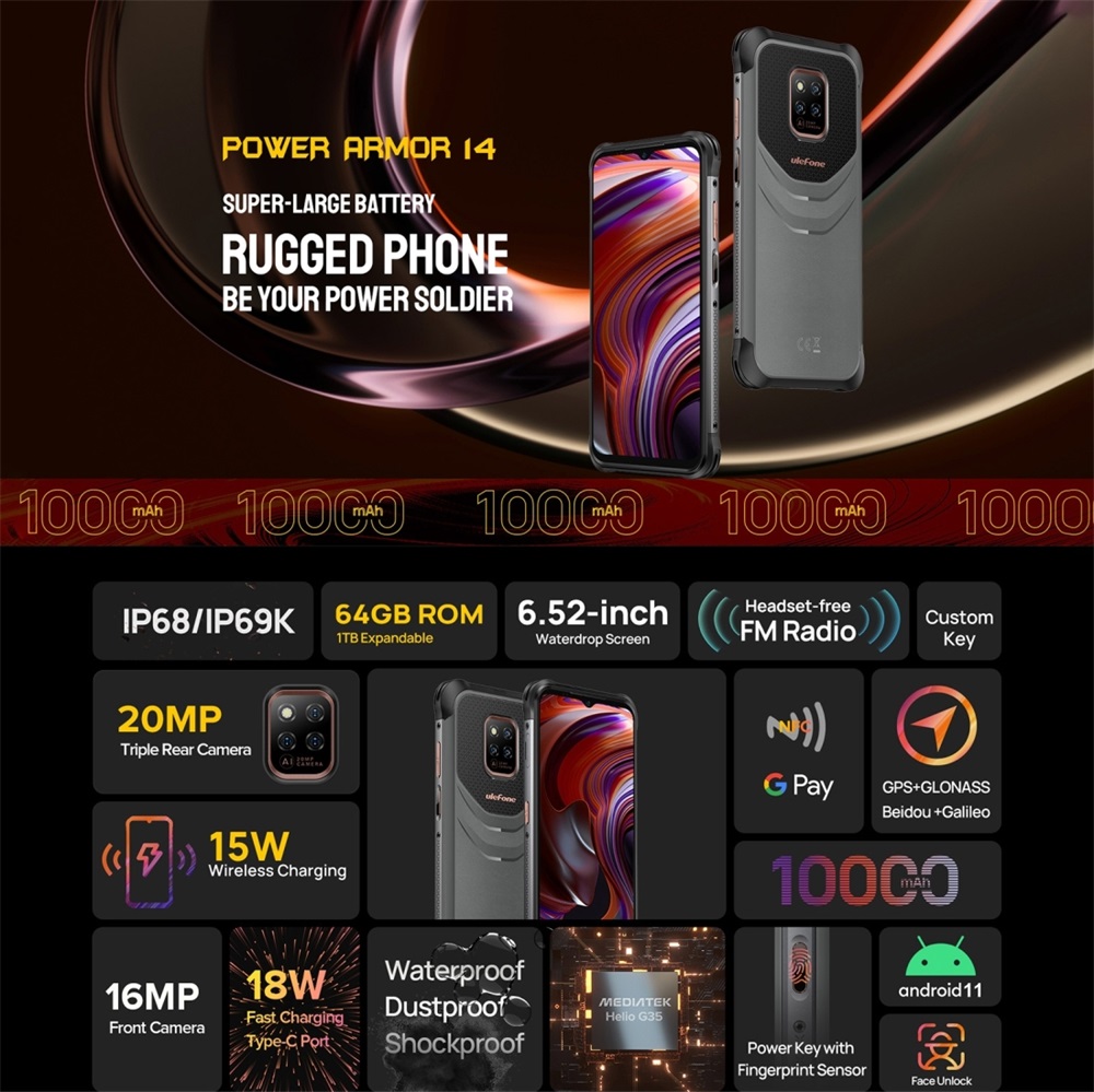 Téléphone Ulefone Pover Armor 14 ш.52 ХЧGB ШЧGB Robuste