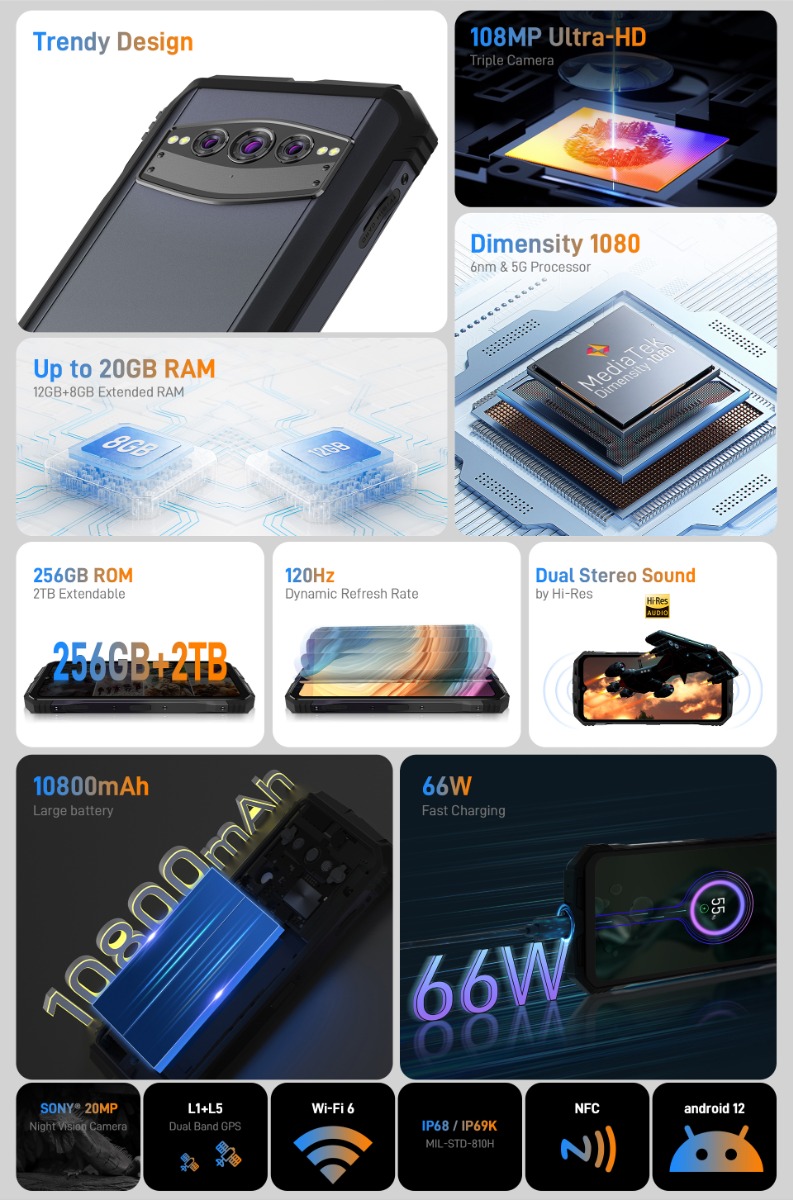 Téléphone robuste Doogee V30T 5G Android 12 6,58 '' FHD