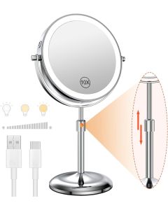 8 Zoll Schmink spiegel mit Licht lampe 10x Vergrößerung 3 Farblich ter, einstellbare Helligkeit Höhe stehender Kosmetik spiegel