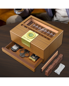 Cigar box humidor with hygrometer and humidifier, cedar wood box with drawer, divider, length gauge